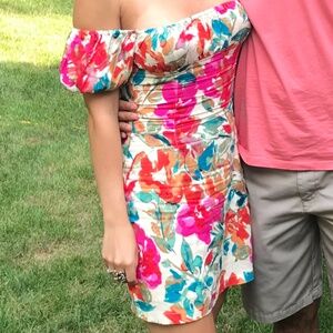 Vici Floral Off-Shoulder Mini Dress - Pink and Blue